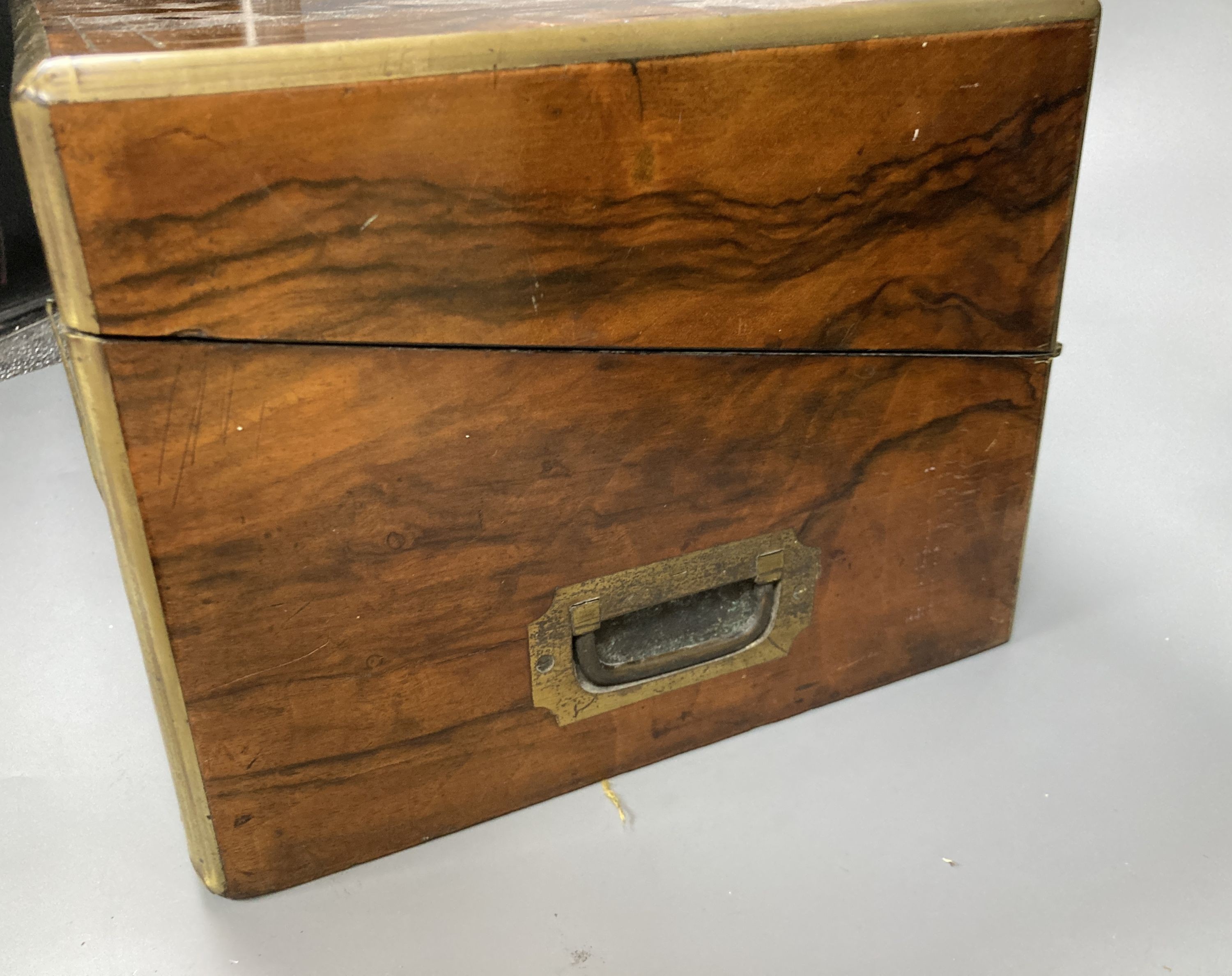 A Victorian brass inset walnut writing slope, 50cm